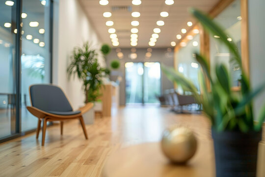 現(xiàn)代辦公室室內(nèi)綠植和木椅的虛化背景