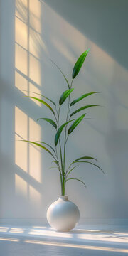 陽(yáng)光下的白色花瓶與綠色植物