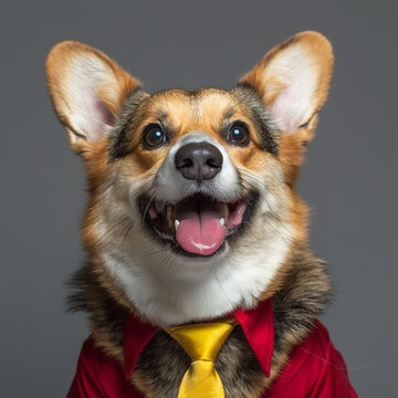 一只穿著紅色襯衫和黃色領帶的快樂柯基犬