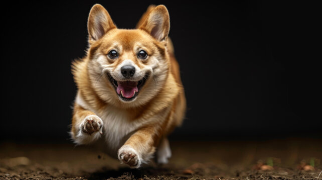 一只快樂的柯基犬在田野里奔跑