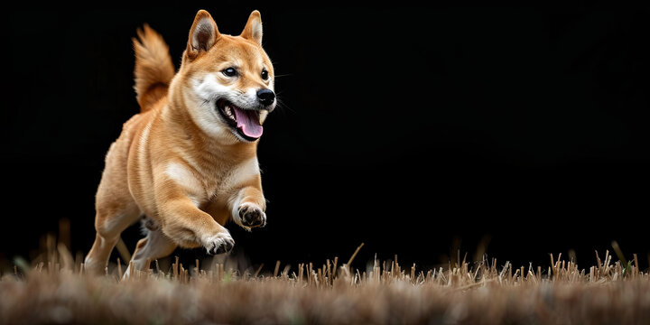 一只快樂的柴犬在田野里奔跑