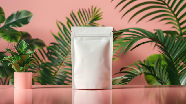 空白的白色食品或飲料袋與綠葉