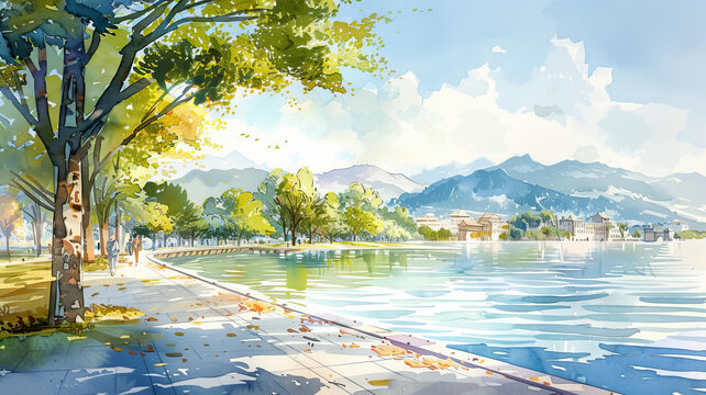 湖畔公園背景是樹木和山脈