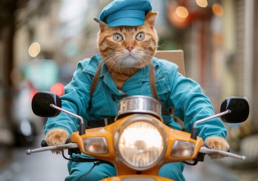 戴藍帽子和制服的貓騎著踏板車送信