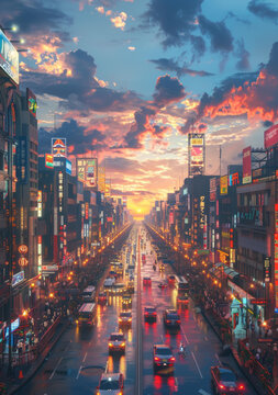 雨落下的絢麗城市夜景