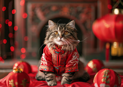 一只身穿紅色中國傳統(tǒng)服飾的貓坐在紅燈籠前