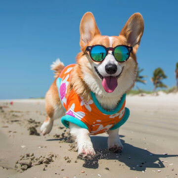 一只戴著太陽鏡的快樂柯基犬在海灘上奔跑