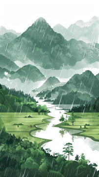 雨中河流穿過(guò)山谷的插圖