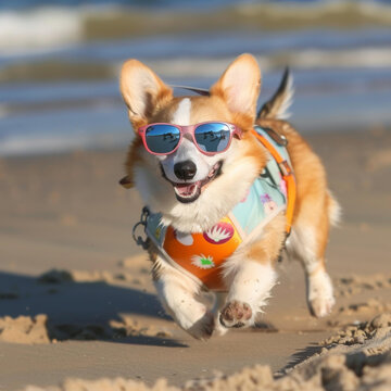 一只戴著太陽鏡的快樂柯基犬在海灘上奔跑
