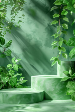 綠色植物展示臺自然背景