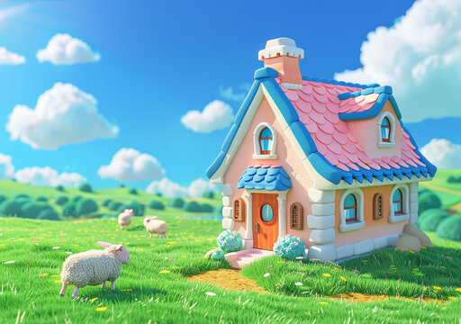 童話般的鄉(xiāng)村小屋草地上有綿羊在吃草