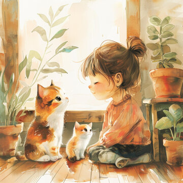 小女孩和兩只貓坐在陽臺上