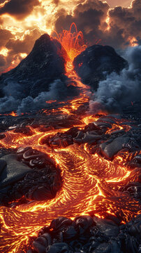 火山爆發(fā)時熔巖從山坡上流下