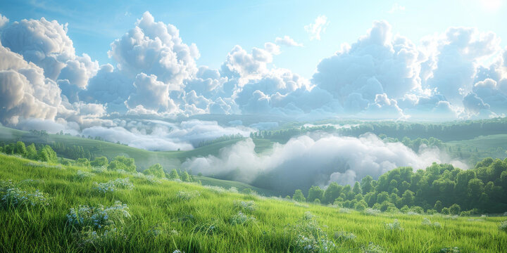 云霧繚繞的山間田野美景