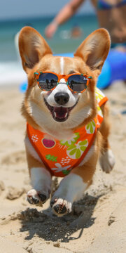 一只戴著太陽鏡的快樂柯基犬在海灘上奔跑