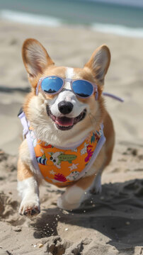 一只戴著太陽鏡的快樂柯基犬在海灘上奔跑
