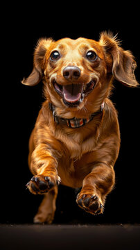 一只快樂的棕色臘腸犬張著舌頭奔跑