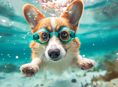 一只可愛的小柯基犬戴著游泳鏡在水下游泳