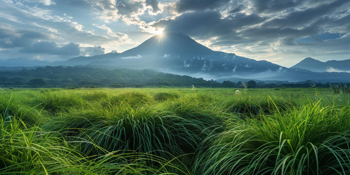 廣闊草原上的綠色草地和遠處的山峰