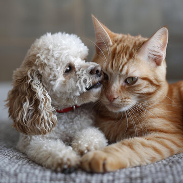 貴賓犬和姜黃色貓依偎在灰色毯子上