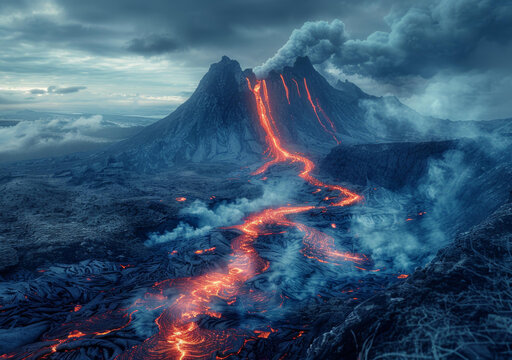 火山爆發(fā)時熔巖從山坡上流下
