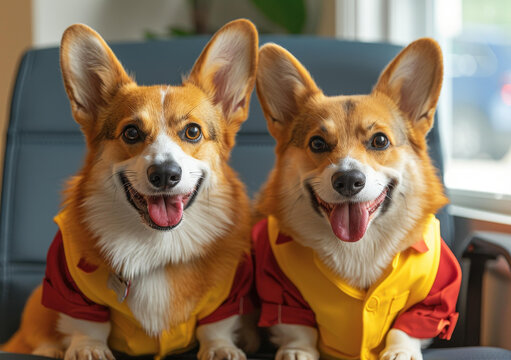 兩只柯基犬穿著戲服