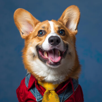 一只穿著紅色襯衫和黃色領帶的快樂柯基犬