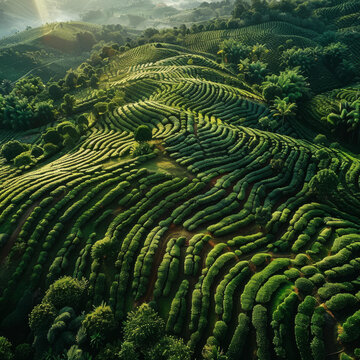 清晨陽光下一望無際的碧綠茶園風(fēng)光