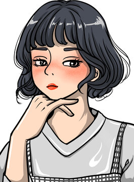 卡通短發(fā)思考托腮少女