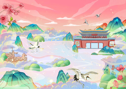 原創(chuàng)國風山水仙鶴圖