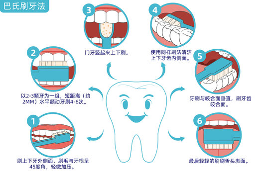 卡通巴氏刷牙法步驟宣傳圖流程插畫健康科普