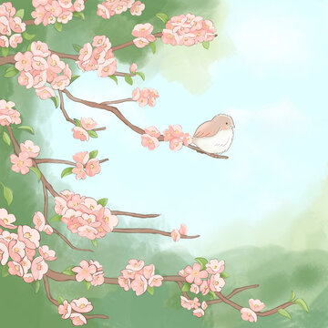 春天桃樹桃花插畫
