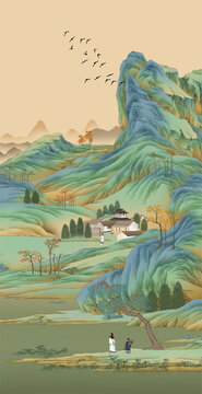 高清手繪山水畫立軸