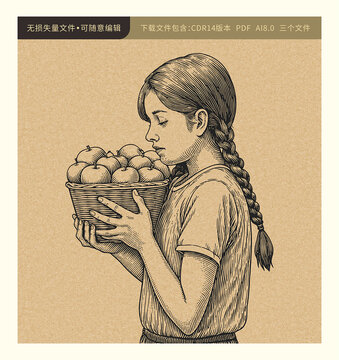 少女水果插畫版畫
