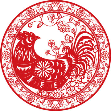 生肖雞菊花紋樣圓形剪紙