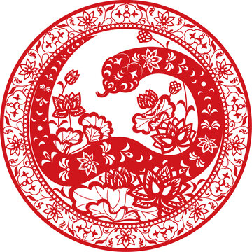 蛇生肖荷花紋樣剪紙風(fēng)插畫