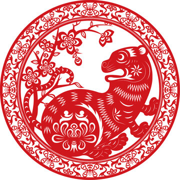 圓形生肖虎桃花紋剪紙