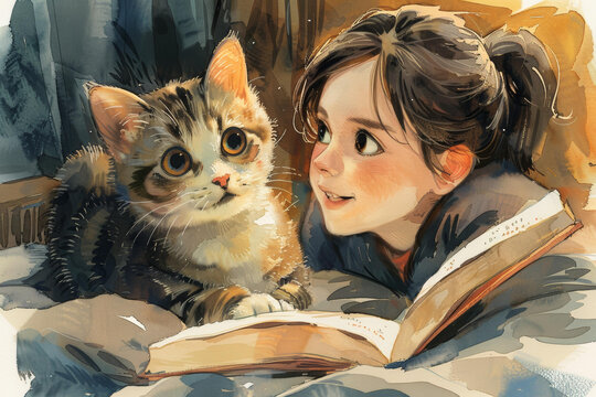 女孩給貓讀書