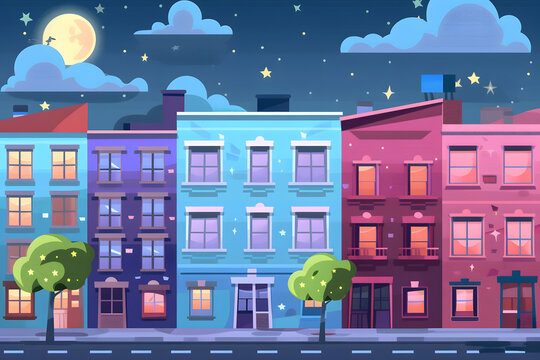 街道上的彩色房屋夜景