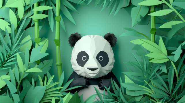 一只可愛的大熊貓坐在竹林里