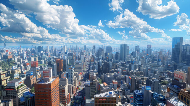 晴空萬里下的現(xiàn)代都市全景