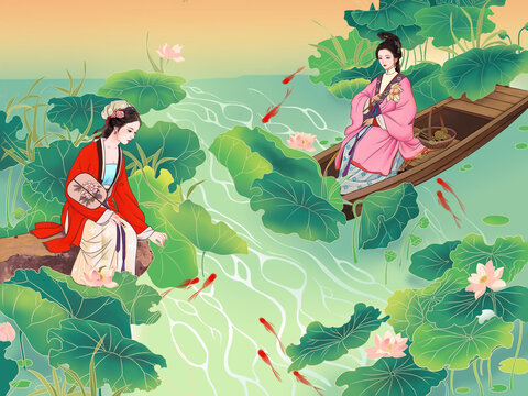 國風(fēng)荷葉荷花古風(fēng)人物荷塘圖