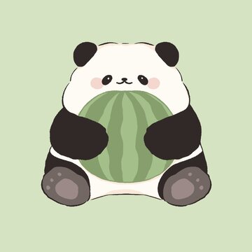 可愛熊貓抱著西瓜動物圖案卡通插畫