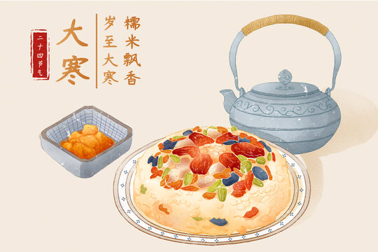 中國風水彩傳統節氣冬天大寒糯米飯