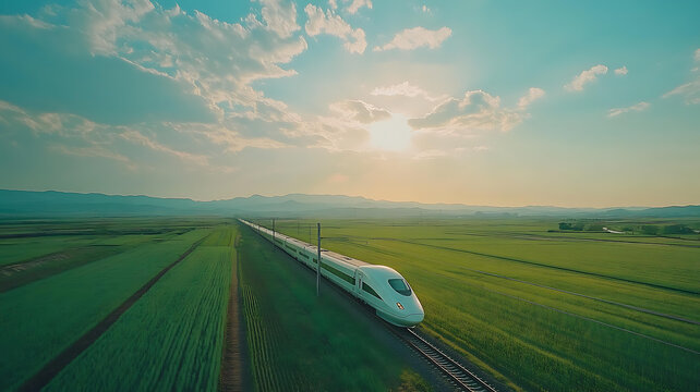 夕陽下的高速列車穿梭于綠色田野