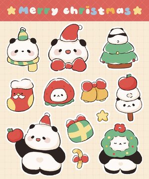 可愛熊貓圣誕圖案卡通文創(chuàng)貼紙節(jié)日插畫
