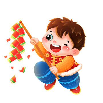 新年春節(jié)福娃男孩放鞭炮插畫
