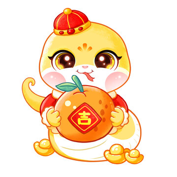 蛇年抱橘子卡通蛇