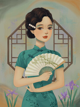民國風(fēng)手拿扇子穿旗袍的女人插畫