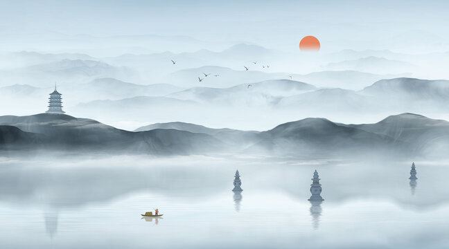 寫意西湖山水畫